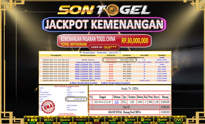 Bukti JP Sontogel kemenangan berapapun akan dibayarkan tuntas tanpa kekurangan sepersenpun langsung saja bermain disitus kami