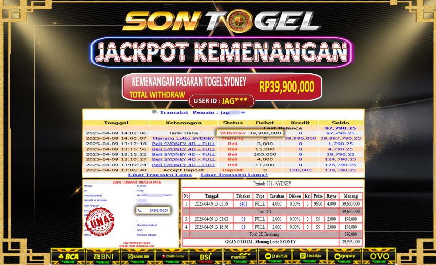 Bukti JP Sontogel kemenangan berapapun akan dibayarkan tuntas tanpa kekurangan sepersenpun langsung saja bermain disitus kami