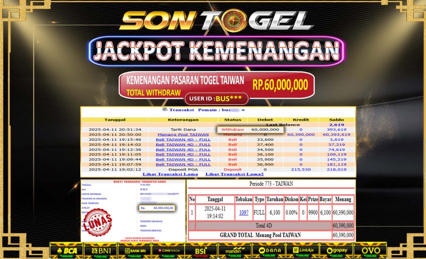 Bukti JP Sontogel kemenangan berapapun akan dibayarkan tuntas tanpa kekurangan sepersenpun langsung saja bermain disitus kami