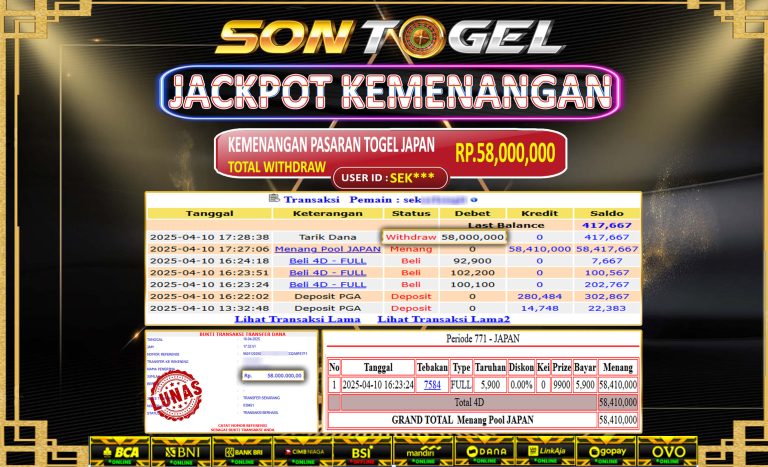 Bukti JP Sontogel kemenangan berapapun akan dibayarkan tuntas tanpa kekurangan sepersenpun langsung saja bermain disitus kami