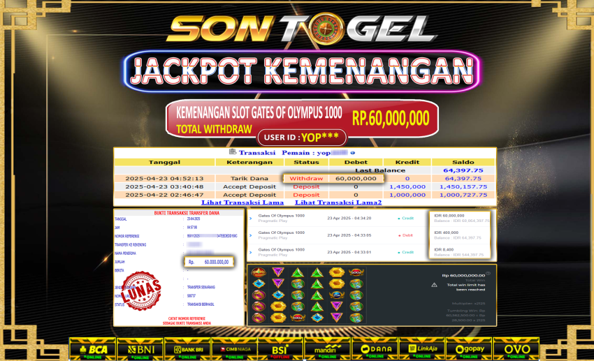 Bukti JP Sontogel kemenangan berapapun akan dibayarkan tuntas tanpa kekurangan sepersenpun langsung saja bermain disitus kami