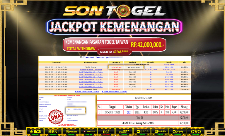 Bukti JP Sontogel kemenangan berapapun akan dibayarkan tuntas tanpa kekurangan sepersenpun langsung saja bermain disitus kami