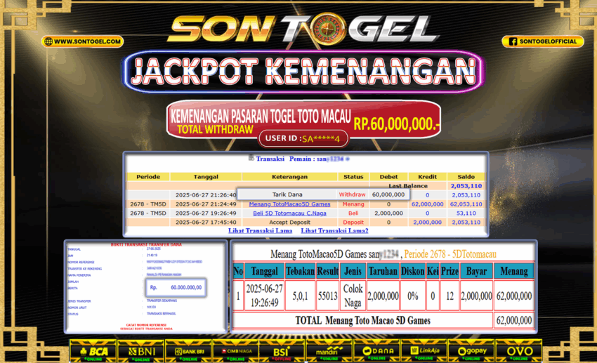 Bukti JP Sontogel kemenangan berapapun akan dibayarkan tuntas tanpa kekurangan sepersenpun langsung saja bermain disitus kami
